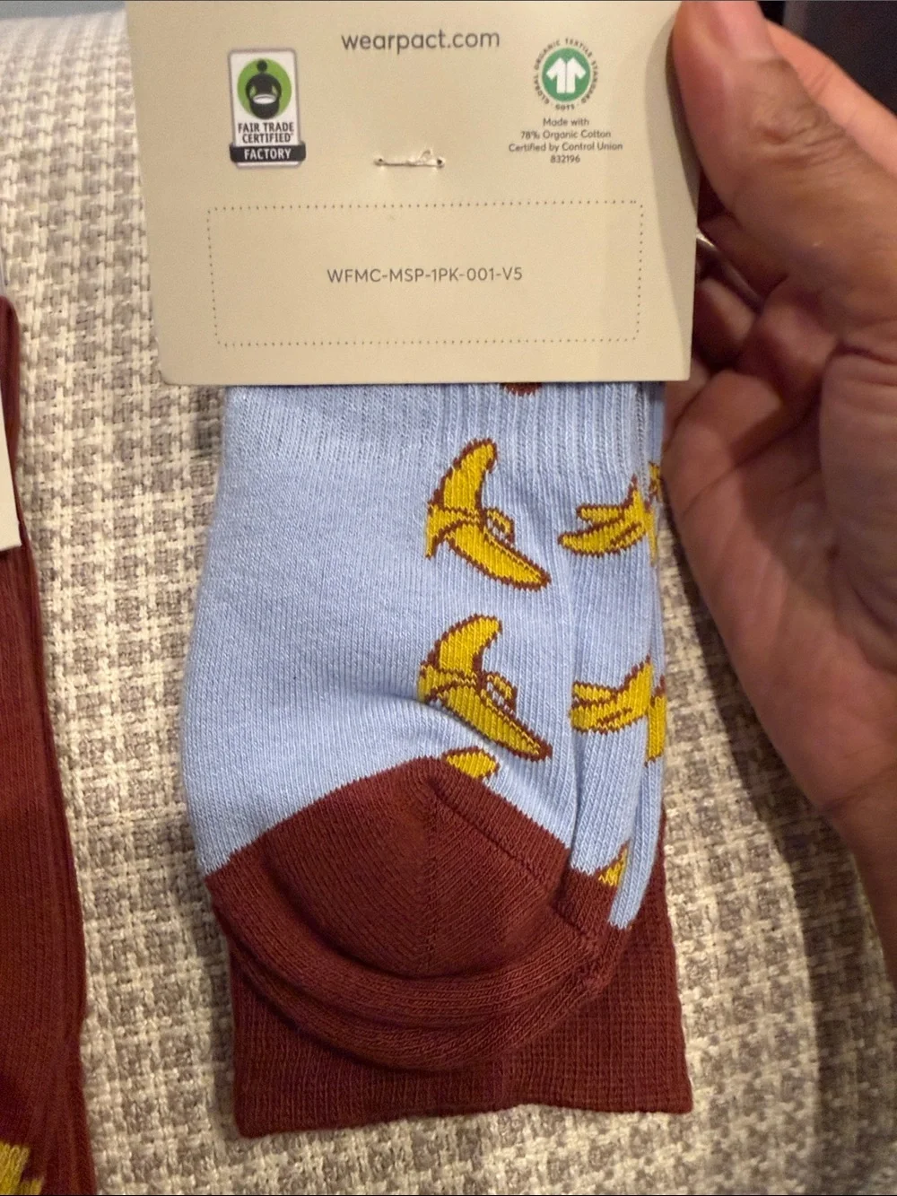 Pact Men's Organic Cotton Blend Crew Socks — Maroon & Light Blue Banana Print